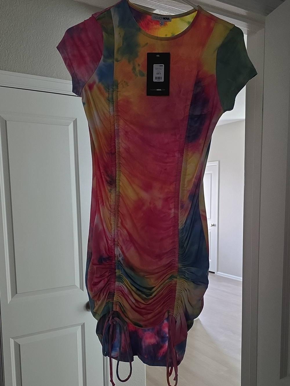 Fashion Nova Tie-Dye Ruched Mini Dress - Multicolor Pink Yellow Blue Green